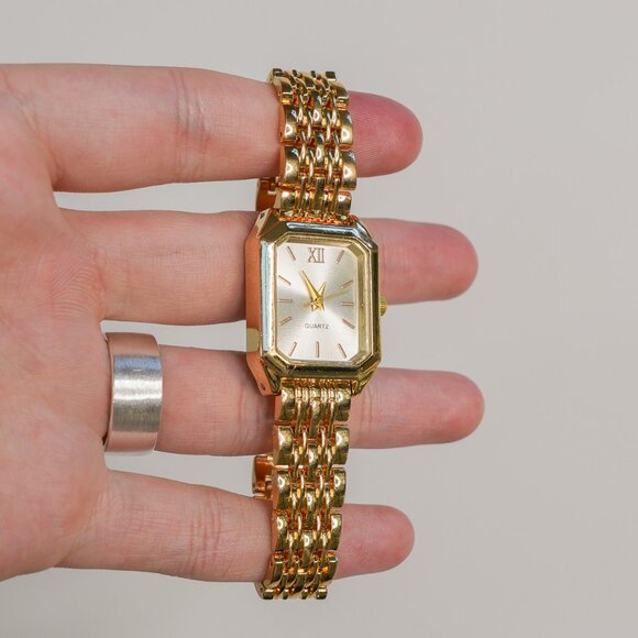 Gold Rectangle Analog Watch White Dial - Picture 8 of 12